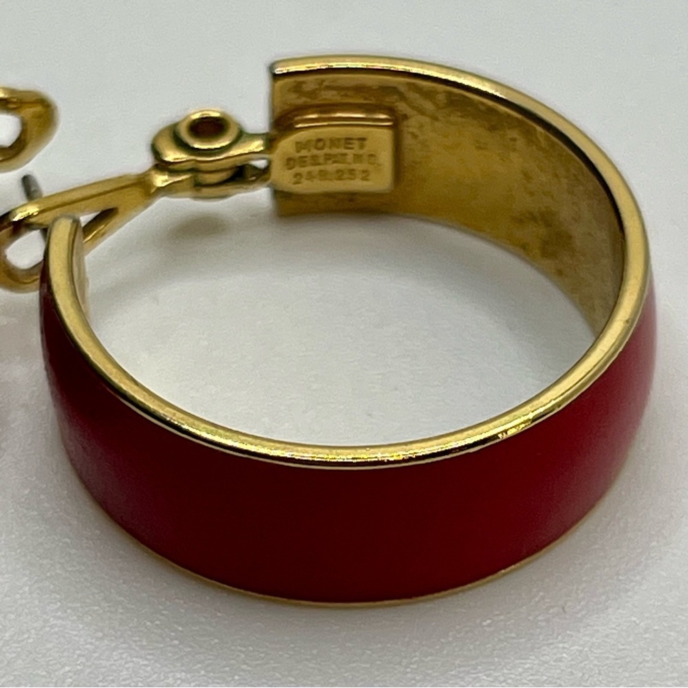 Signed Monet Earrings Red & Gold Enamel HoopsClassic 80s/90s Style - Picture 5 of 6